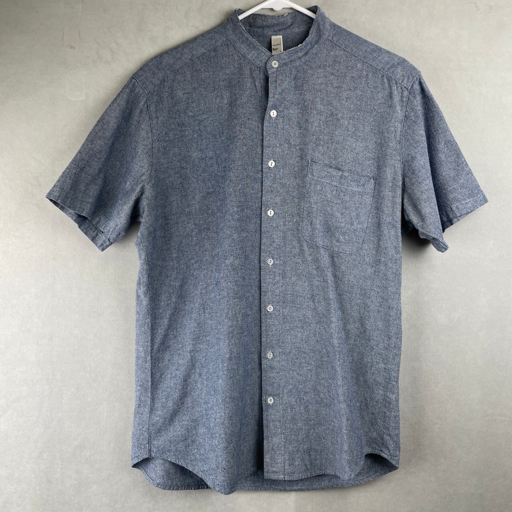 American Apparel Mens Blue Chambray Band Collar S/S Button Down Shirt S USA Made